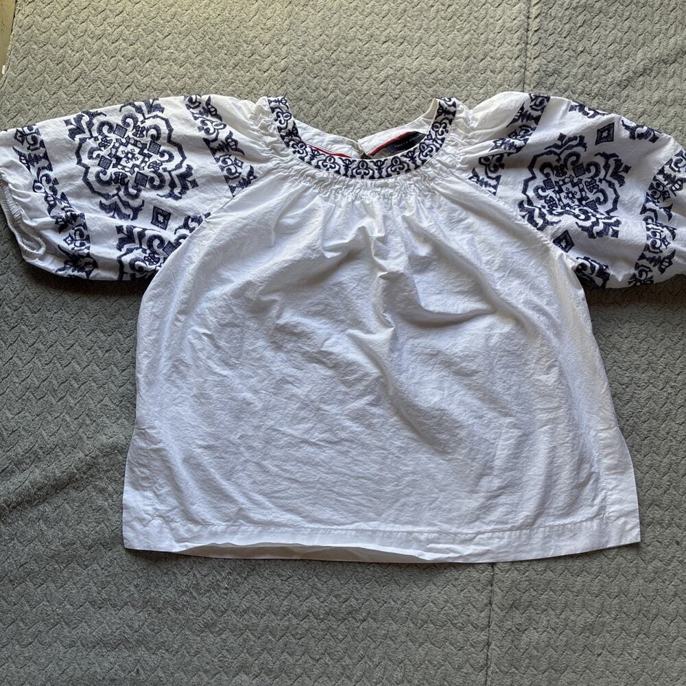 Tommy Hilfiger Shirt Women’s Size 0X White Blue Embroidered Peasant Top Boho